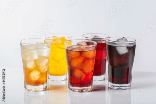 Assorted soda drinks with ice cubes on a white background. Generative AI