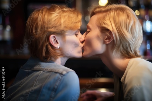 closeup shot of an unrecognisable lesbian couple kissing each other at a bar