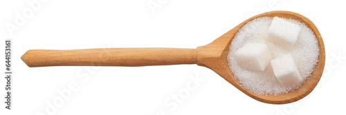Sugar in a wooden spoon on a white background. View from above. sugar cubes