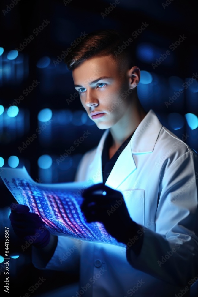 shot of a young scientist holding paperwork with synthetic dna in the lab