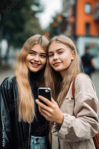 portrait of two smiling young friends taking a photo with their cellphone while standing outside