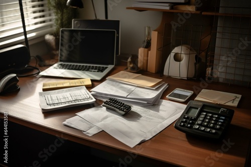 Workstation featuring paperwork, calculator, and charts symbolizing the tax season. Generative AI