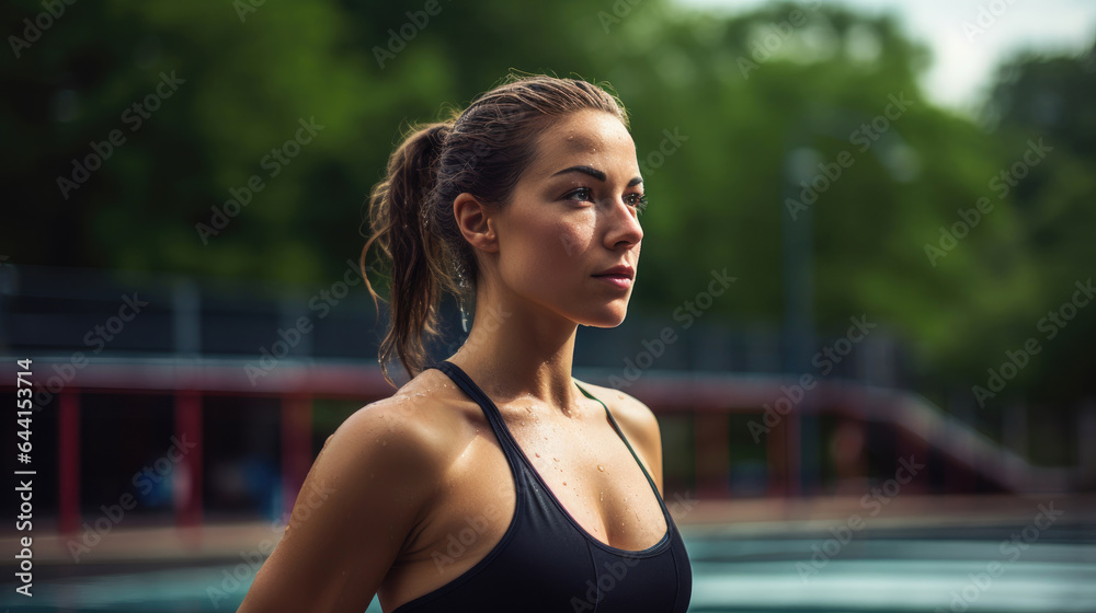 Young woman resting after her workout. Generative AI