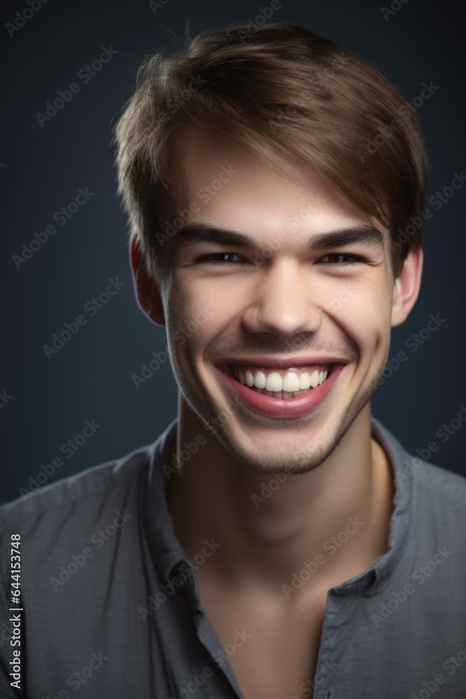 portrait of a handsome young man smiling against a gray background portrait of a handsome young man smiling against a gray background