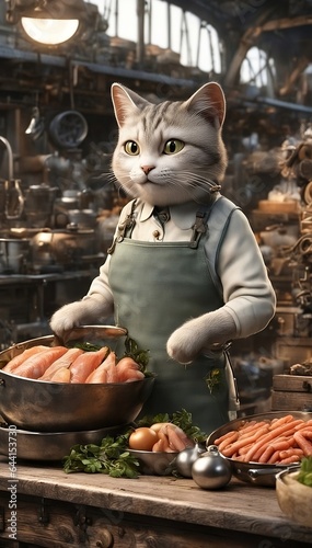cat chef, wearing an apron, in the kitchen preparing fish with onions and carrots for a fantastic feast