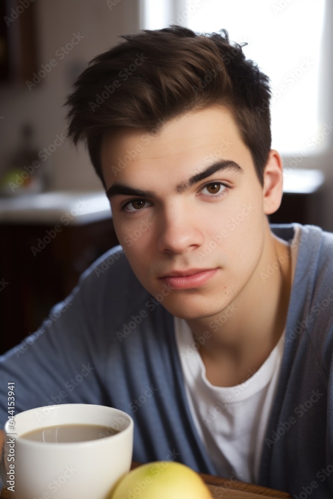 portrait of a handsome young man looking at you while having breakfast portrait of a handsome young man looking at you while having breakfast