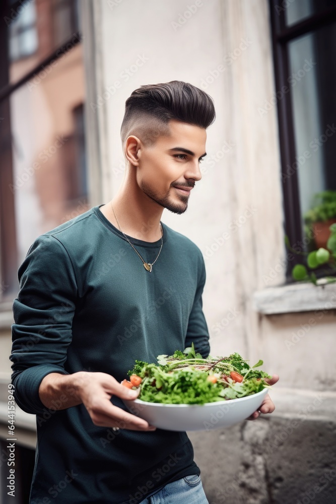 shot of a handsome young man eating salad while standing outdoors shot of a handsome young man eating salad while standing outdoors