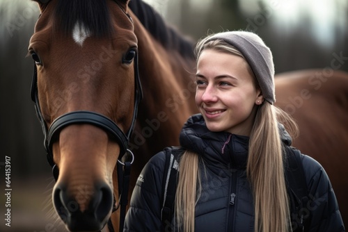 cropped shot of a female athlete with her horse and friend