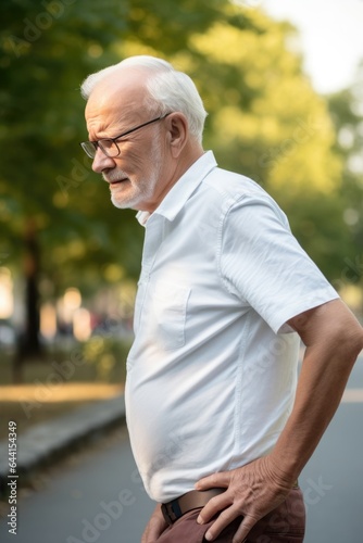 closeup shot of a senior man experiencing back pain while walking outdoors