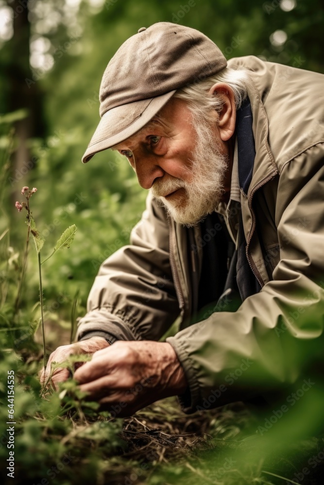 closeup shot of a senior man looking for plants to collect while geocaching