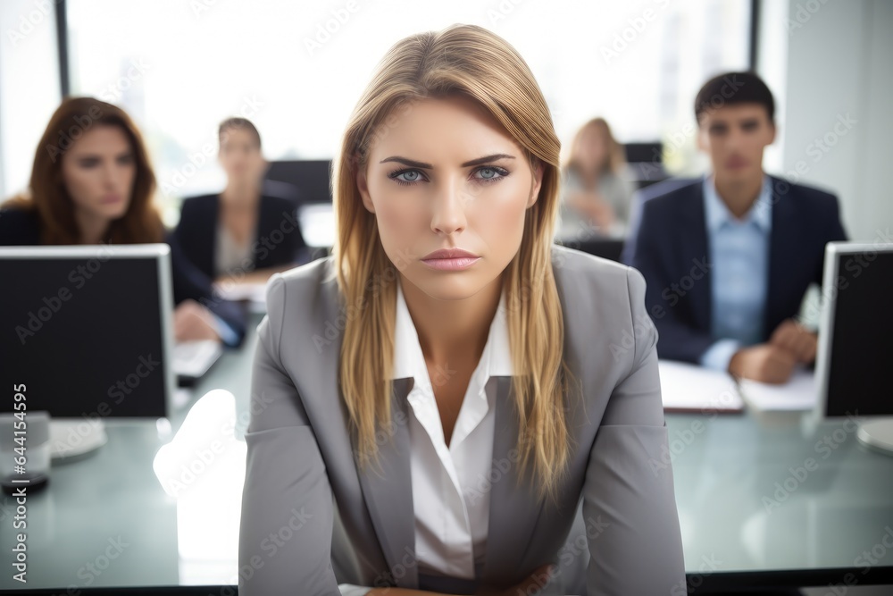 a young businesswoman looking stressed while sitting at her desk with a few other colleagues in the background a young businesswoman looking stressed while sitting at her desk with a few other colleagues in the background
