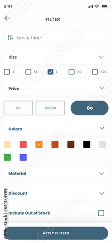 Shop Sort By, Store Categories, E-commerce and Product Category Filter Screens App UI Kit Template