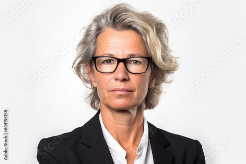 portrait, face and business woman with glasses in studio isolated on white background