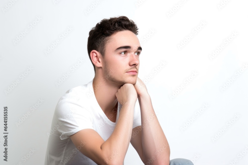 studio shot of a calm young man sitting against a white background