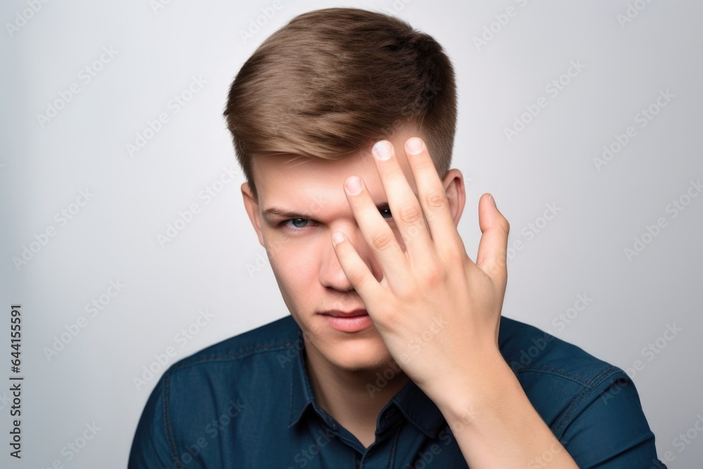 portrait of a handsome young man posing with his hand in front of his face portrait of a handsome young man posing with his hand in front of his face