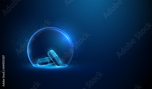 Group of two abstract blue medicine capsules in transparent glass dome. Healthcare medical concept.
