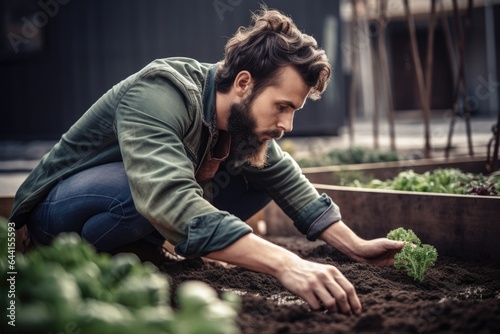 shot of a young man checking the soil in his urban garden © Alfazet Chronicles