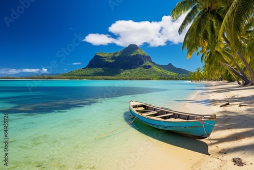 Relaxing tropical beach landscape in Mauritius  Le Morne. Generative AI