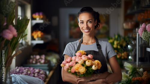 young adult woman sales flowers in flower shop. Happy smiling mature florist woman having eyeglasses and working at flower shop,ai generate