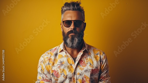 stylish male adult with beard and mustache smiling positive emotion wear casual pattern shirt standing on color wall background portrait shot,ai generate