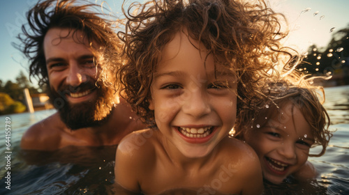 pleasure summertime family happy together dad with son playing splash water ocean beach pool with laugh fun cheerful enjoy family moment with love,ai generate © VERTEX SPACE