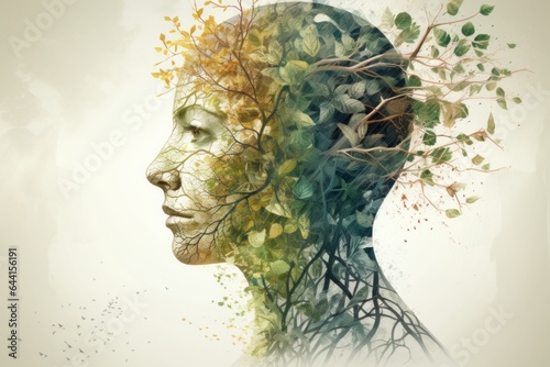 A woman's face surrounded by nature's embrace. Nature and Nurture: Explore the interplay between genetics and environment in shaping a person's psychology - created with Generative AI technology