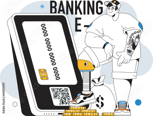 Online banking concept with people scene in flat line design for web. Man makes online transaction with e-wallet or credit card in app. Vector illustration for social media banner, marketing material.