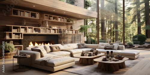Modern interior design of luxury spacious living room in villa with fireplace and bookshelves