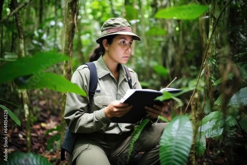 shot of a young zoologist holding a clipboard while conducting research in the jungle photo
