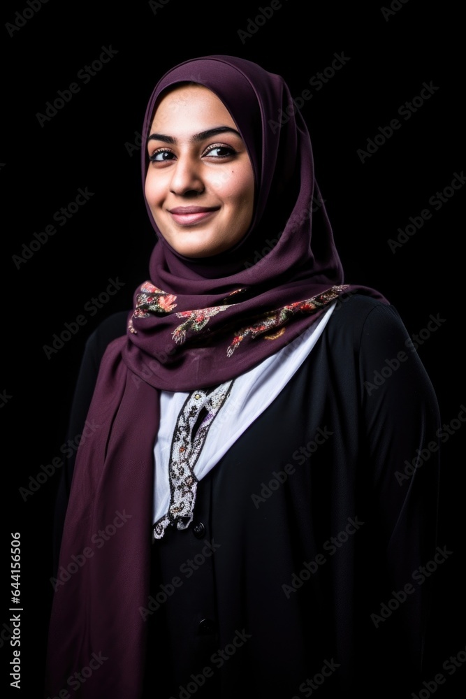 a young woman wearing a hijab while standing in front of copyspace