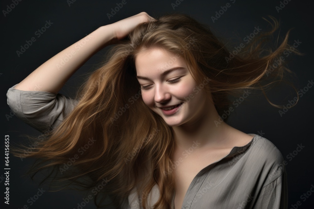 studio shot of an attractive young woman playing with her hair against a grey background