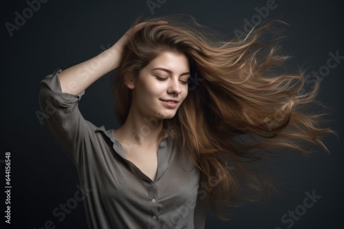 studio shot of an attractive young woman playing with her hair against a grey background