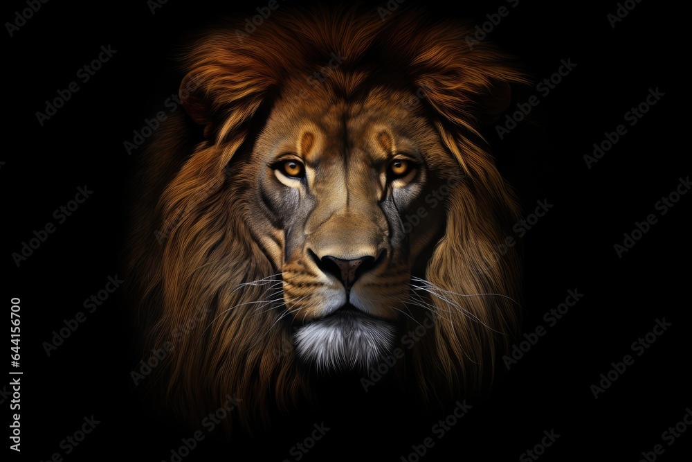 Lion head with black background on, close up, big white eyes, portrait of a lion in the style of photo-realistic compositions, strong facial expression