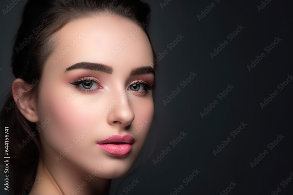 studio shot of a beautiful young woman with pink lipstick and black eyeliner studio shot of a beautiful young woman with pink lipstick and black eyeliner