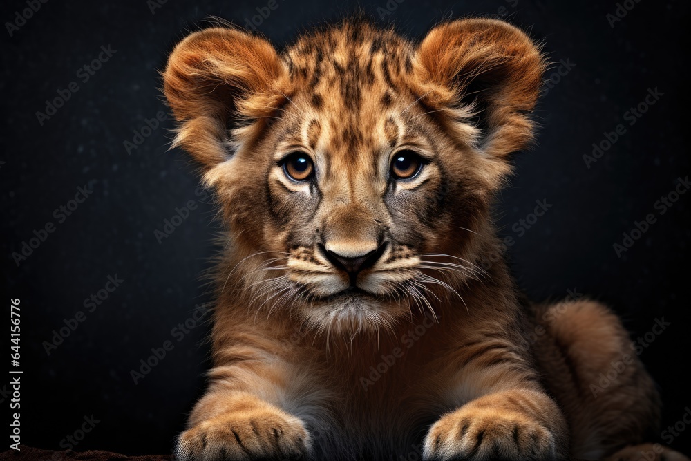 Baby lion head with black background on, close up, big white eyes, portrait of a lion in the style of photo-realistic compositions, strong facial expression
