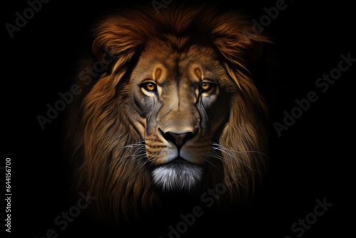 Lion head with black background on, close up, big white eyes, portrait of a lion in the style of photo-realistic compositions, strong facial expression © Evandro