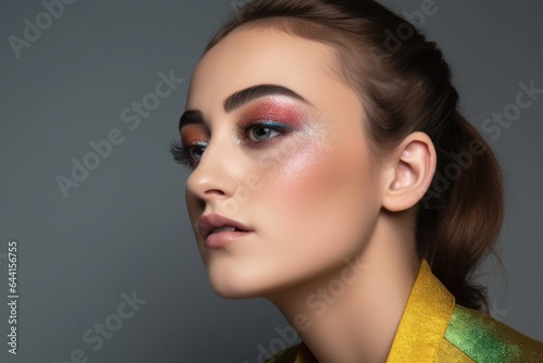 studio shot of a beautiful young woman wearing colorful eye shadow against a grey background