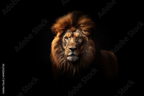 Lion head with black background on, close up, big white eyes, portrait of a lion in the style of photo-realistic compositions, strong facial expression