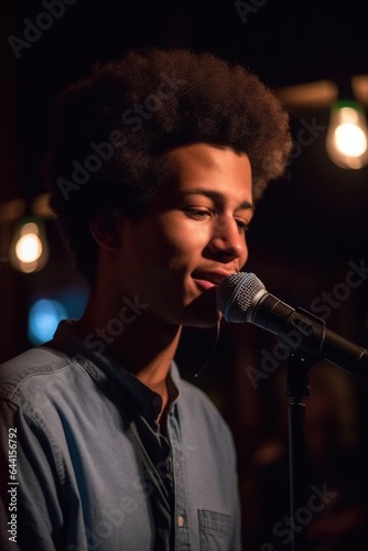 cropped shot of a handsome young man at an open mic night