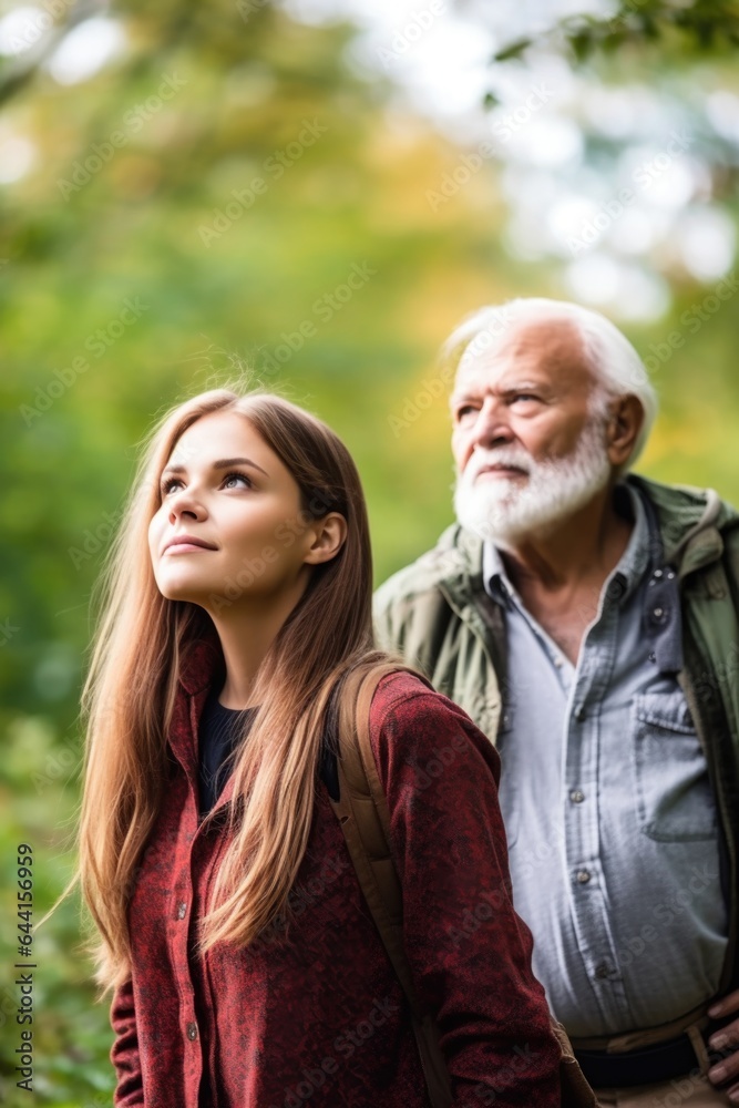 portrait of a young woman and senior man out for a walk in nature portrait of a young woman and senior man out for a walk in nature