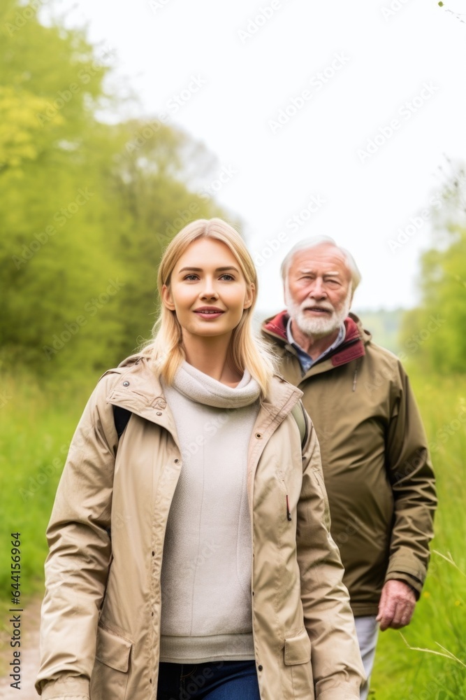 portrait of a young woman and senior man out for a walk in nature portrait of a young woman and senior man out for a walk in nature