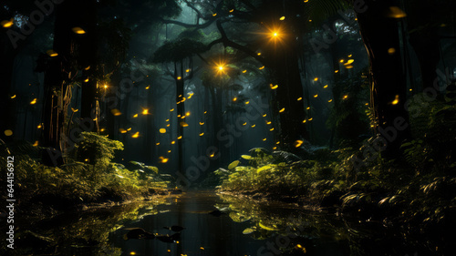 Dark green forest with many yellow fireflies Generative ai