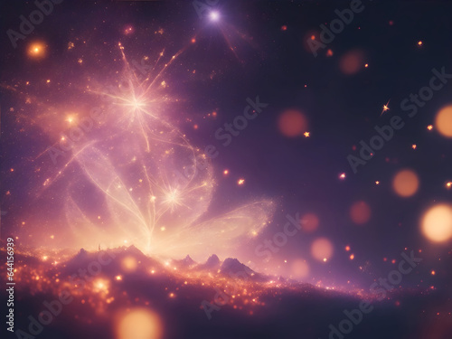 Blurred christmas background with sparkles, stars, fireworks, cosmic landscape, magic forest, celebration in violet and golden colors. Copyspace for new year greeting card, postcard.