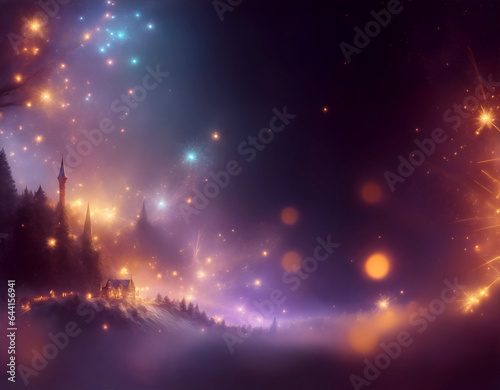 Blurred christmas background with sparkles, stars, fireworks, cosmic landscape, magic forest, celebration in violet and golden colors. Copyspace for new year greeting card, postcard.