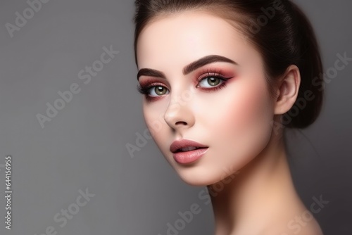 studio shot of a beautiful young woman with perfect skin and bold makeup
