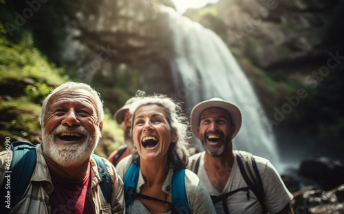 Elderly happy people hiking in front of Waterfall. Health, wellness and hiker group, sport and active lifestyle motivation with cardio.