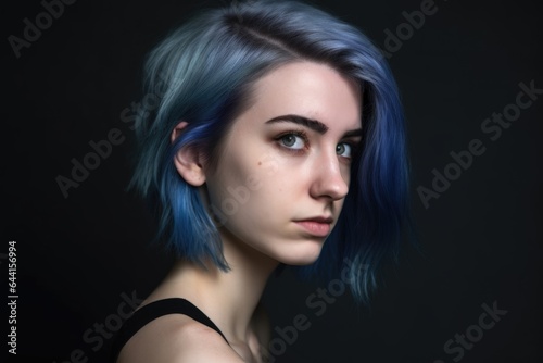 studio shot of a young woman with blue hair posing against a grey background