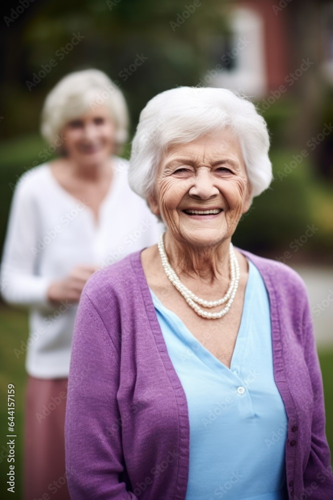 portrait of a happy senior woman standing outside with friends portrait of a happy senior woman standing outside with friends