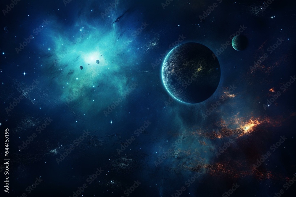 Stunning deep space wallpaper with a planetary system and central star. Digitally created artwork. Generative AI