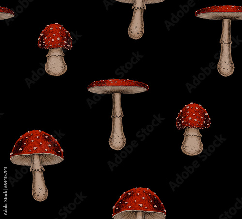 Amanita mushrooms Magical gothic botanical seamless pattern on black background for wallpaper or fabric print Dark witch forest plants drawing Fly agaric toadstool